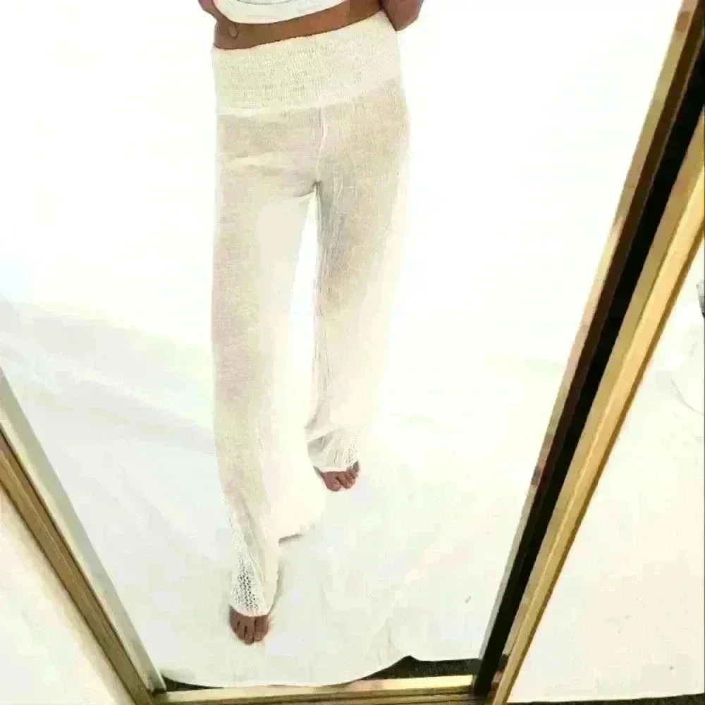 Elan white cover up maxi pant wide leg lace crochet swim lounge beach resort